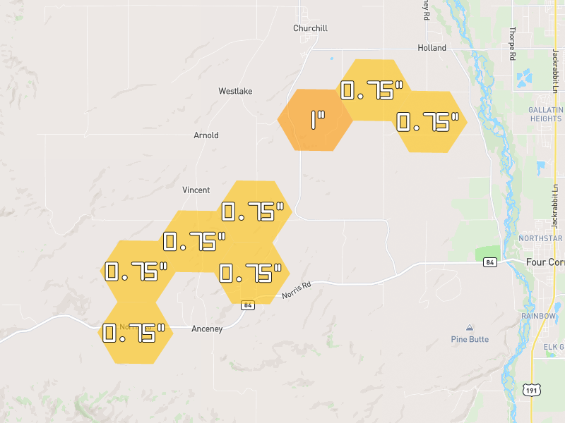 Hail map of Manhattan, MT on Jul 29, 2026, hail up to 1"