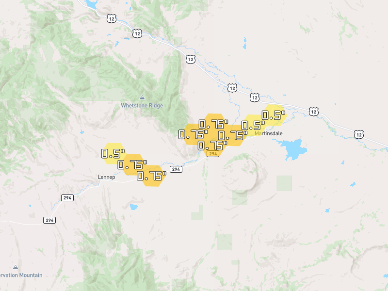 Hail map of Martinsdale, MT on Jul 25, 2026, hail up to 0.75"