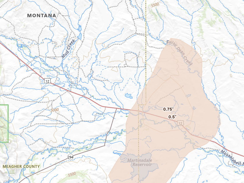 Radar-estimated hail-size map of the storm over Martinsdale, MT on Aug 15, 2026