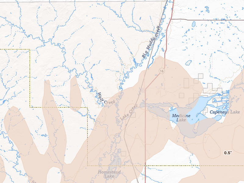 Radar-estimated hail-size map of the storm over Medicine Lake, MT on Jun 6, 2026