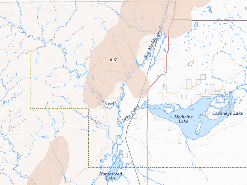 Radar-estimated hail-size map of the storm over Medicine Lake, MT on Jun 7, 2026