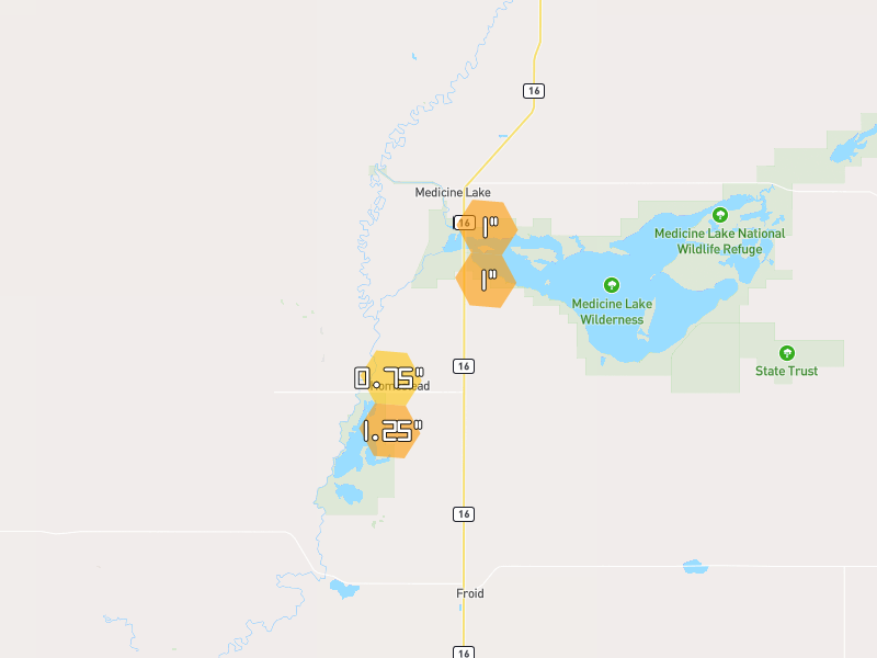 Hail map of Medicine Lake, MT on Jun 7, 2026, hail up to 1.25"