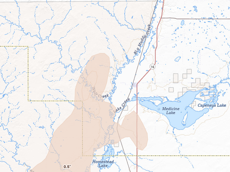 Radar-estimated hail-size map of the storm over Medicine Lake, MT on Jul 3, 2026