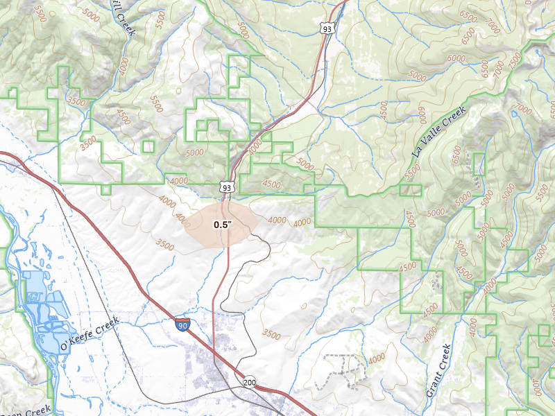 Radar-estimated hail-size map of the storm over Missoula, MT on Aug 14, 2026