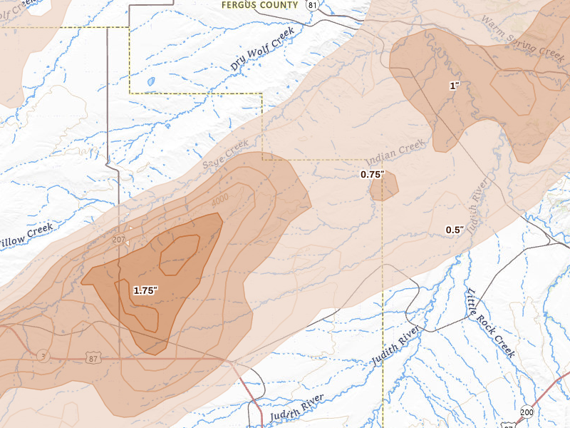 Radar-estimated hail-size map of the storm over Moccasin, MT