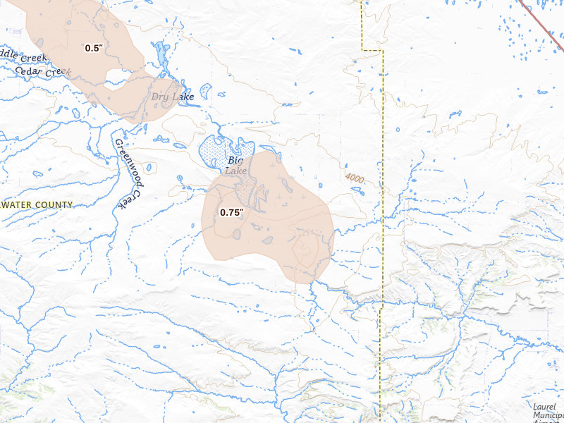 Radar-estimated hail-size map of the storm over Molt, MT on Aug 12, 2026
