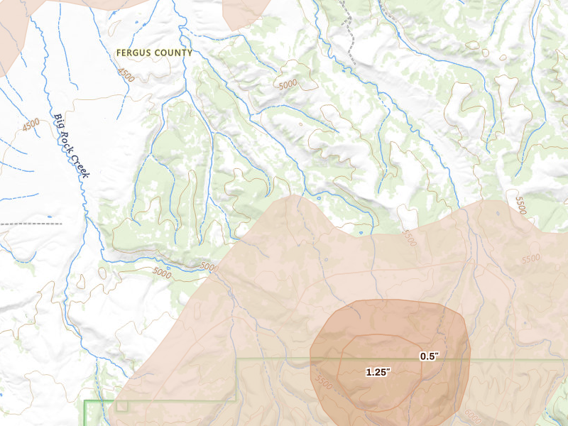 Radar-estimated hail-size map of the storm over Moore, MT on Jul 14, 2026