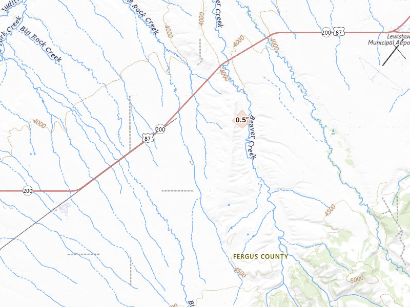 Radar-estimated hail-size map of the storm over Moore, MT on Aug 17, 2026