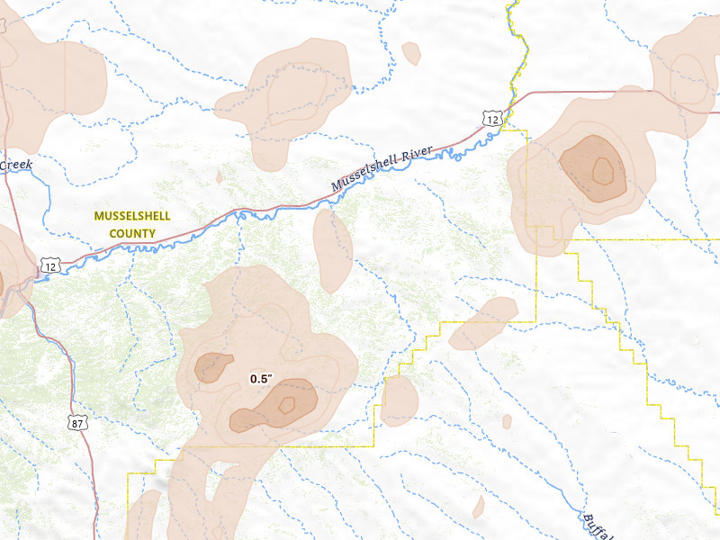 Radar-estimated hail-size map of the storm over Musselshell, MT on Jul 14, 2026