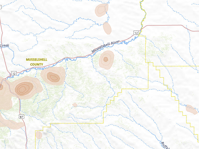 Radar-estimated hail-size map of the storm over Musselshell, MT on Jul 16, 2026