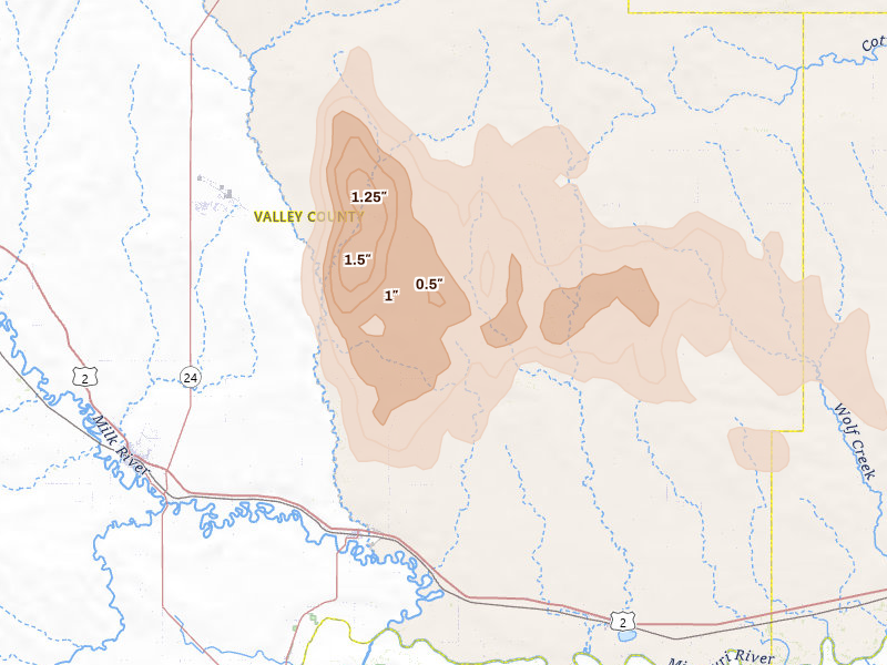 Radar-estimated hail-size map of the storm over Nashua, MT on Sep 2, 2026