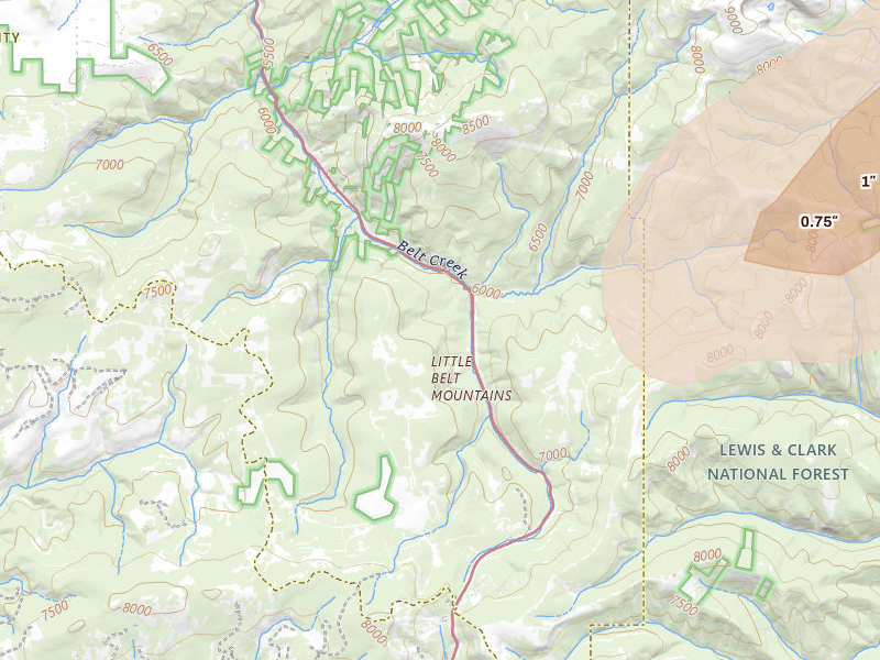 Radar-estimated hail-size map of the storm over Neihart, MT on Jul 5, 2026
