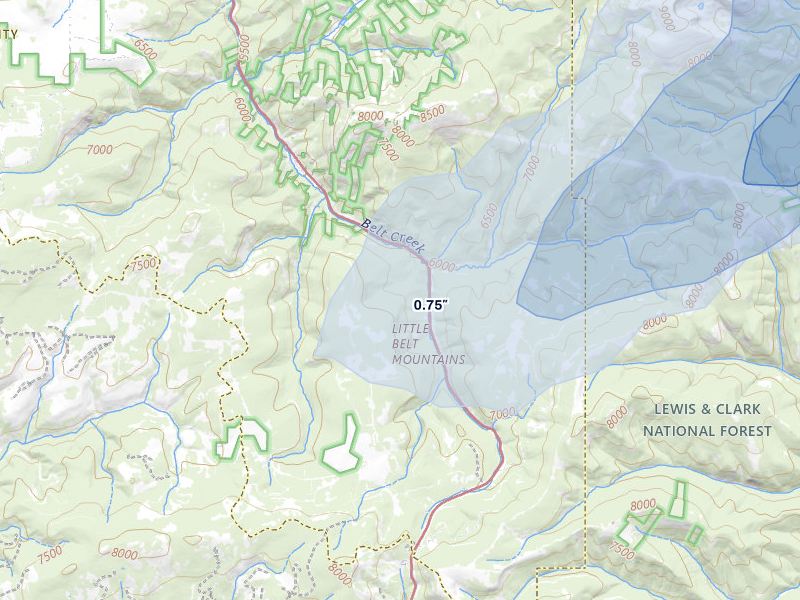 NEXRAD radar-signature map of the hail storm over Neihart, MT on Jul 5, 2026