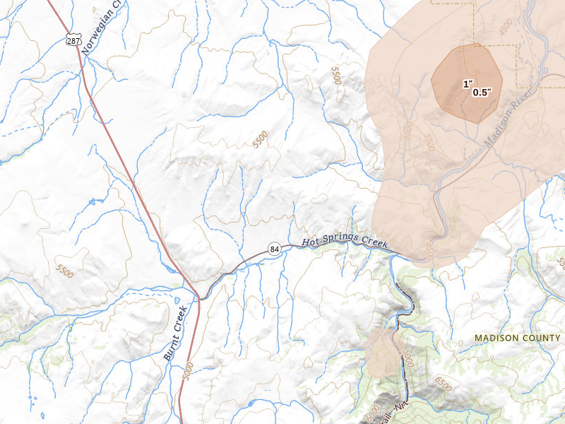 Radar-estimated hail-size map of the storm over Norris, MT on Jul 25, 2026