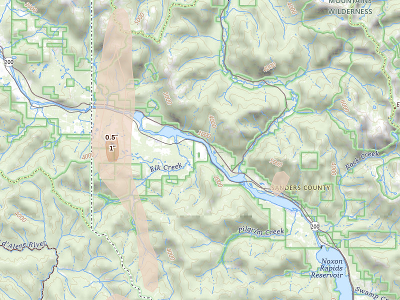 Radar-estimated hail-size map of the storm over Noxon, MT