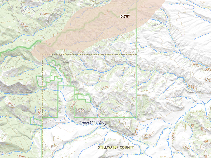 Radar-estimated hail-size map of the storm over Nye, MT on Jul 2, 2026