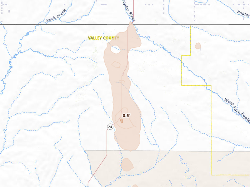 Radar-estimated hail-size map of the storm over Opheim, MT on Sep 2, 2026