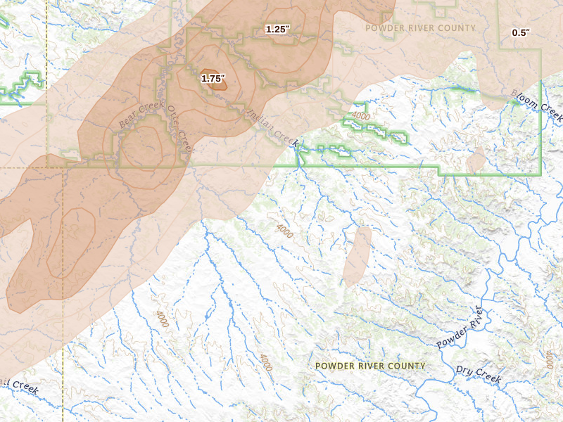 Radar-estimated hail-size map of the storm over Otter, MT on Jun 7, 2026