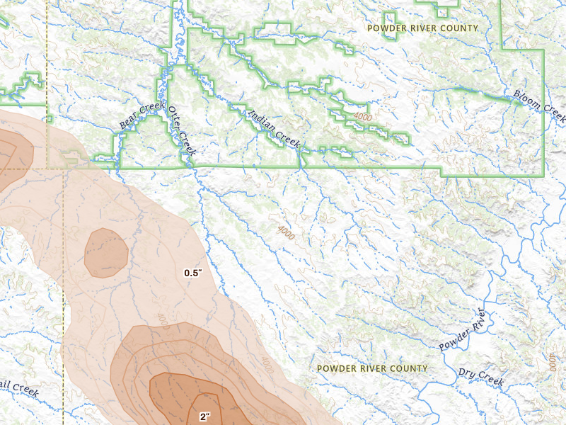 Radar-estimated hail-size map of the storm over Otter, MT on Jun 22, 2026