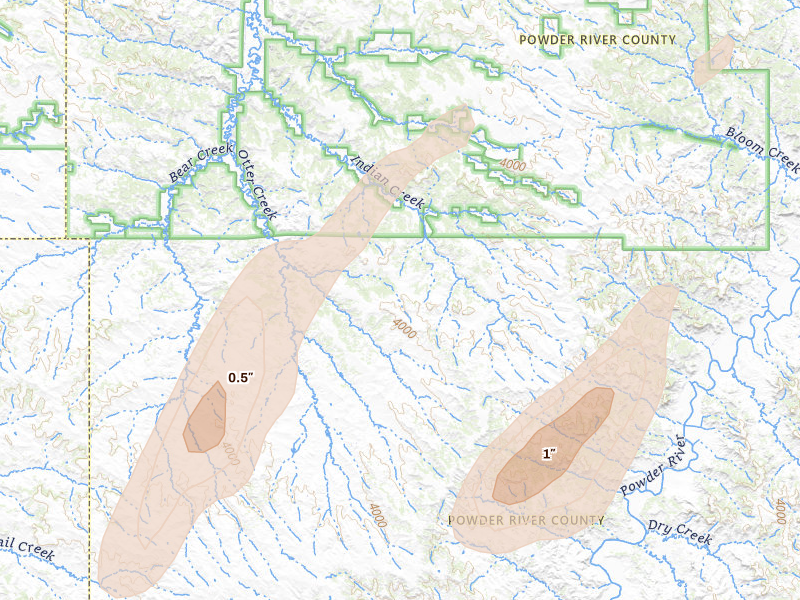 Radar-estimated hail-size map of the storm over Otter, MT on Jul 2, 2026