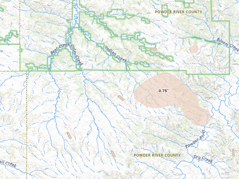 Radar-estimated hail-size map of the storm over Otter, MT on Jul 3, 2026