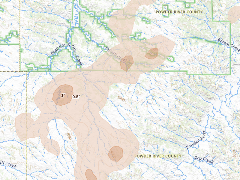 Radar-estimated hail-size map of the storm over Otter, MT on Jul 7, 2026