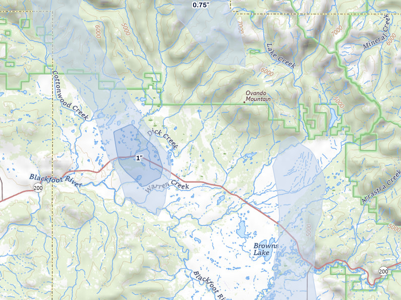 NEXRAD radar-signature map of the hail storm over Ovando, MT on May 28, 2026