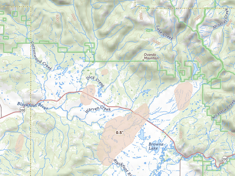 Radar-estimated hail-size map of the storm over Ovando, MT on Jul 18, 2026
