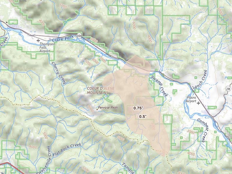 Radar-estimated hail-size map of the storm over Plains, MT on May 29, 2026