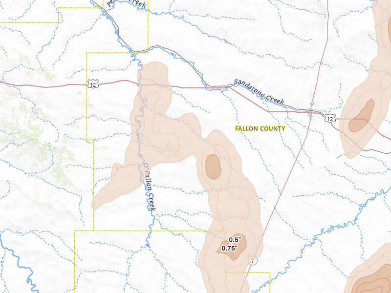 Radar-estimated hail-size map of the storm over Plevna, MT on Jun 27, 2026