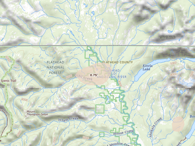 Radar-estimated hail-size map of the storm over Polebridge, MT on May 27, 2026