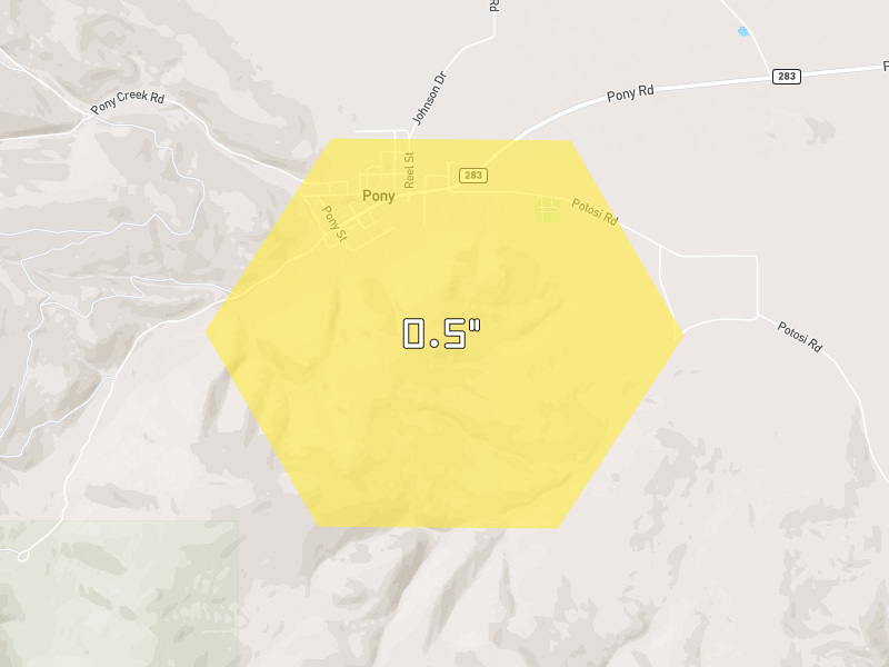 Hail map of Pony, MT on Jul 1, 2026, hail up to 0.5"