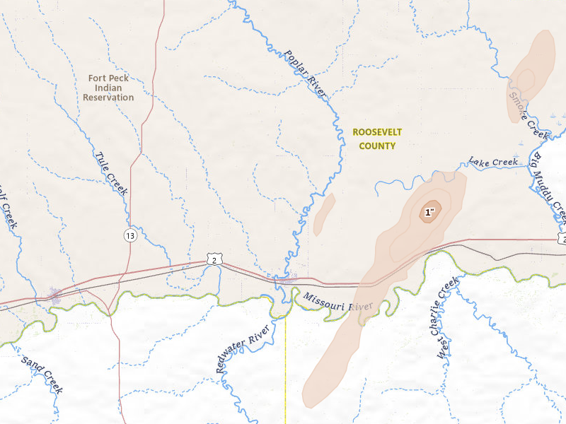 Radar-estimated hail-size map of the storm over Poplar, MT on Jun 7, 2026
