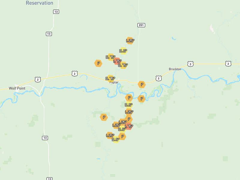 Hail map of Poplar, MT on Jun 7, 2026, hail up to 1.75"