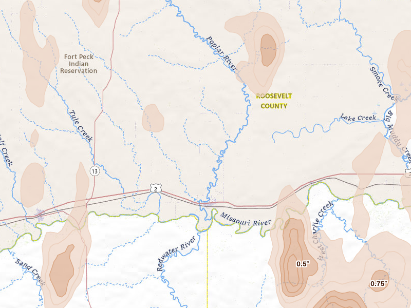 Radar-estimated hail-size map of the storm over Poplar, MT on Jun 27, 2026