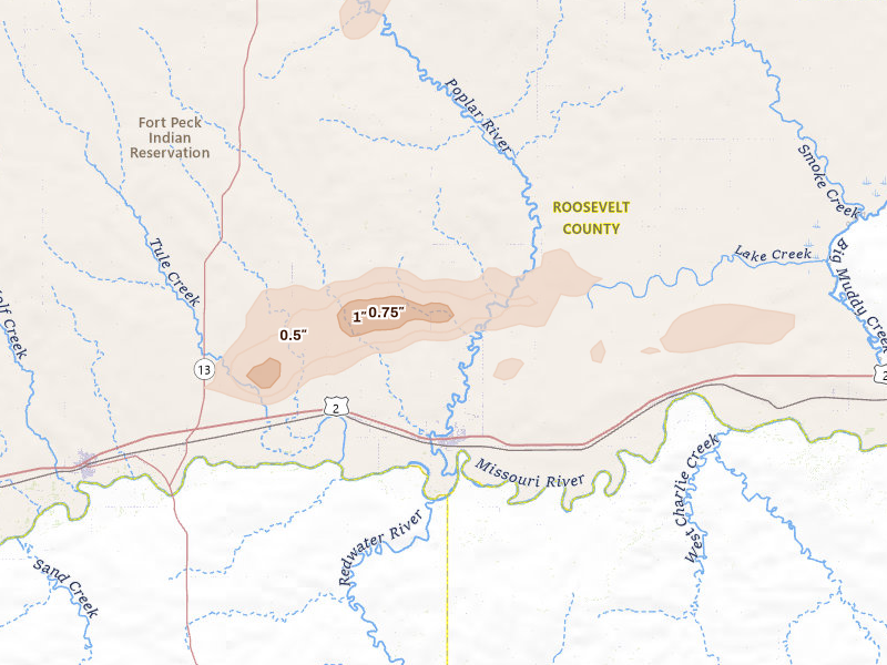 Radar-estimated hail-size map of the storm over Poplar, MT on Jul 2, 2026