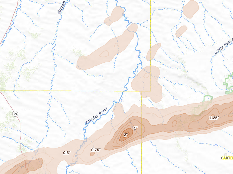 Radar-estimated hail-size map of the storm over Powderville, MT on Jun 7, 2026