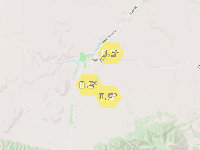 Hail map of Pryor, MT on Jul 10, 2026, hail up to 0.5"