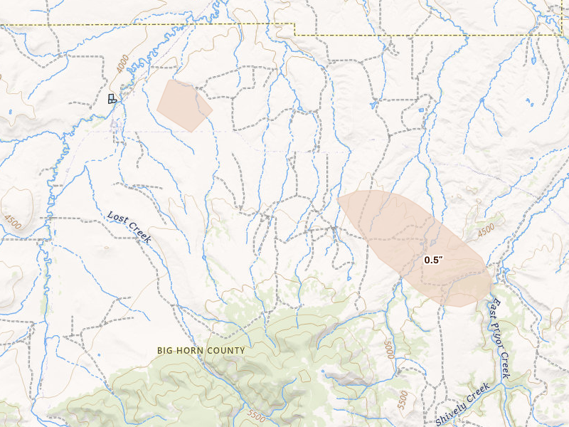 Radar-estimated hail-size map of the storm over Pryor, MT on Aug 12, 2026