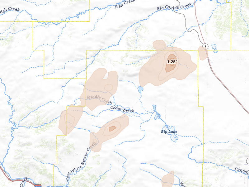 Radar-estimated hail-size map of the storm over Rapelje, MT on Jun 7, 2026