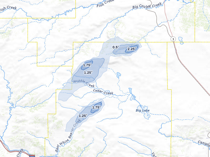 NEXRAD radar-signature map of the hail storm over Rapelje, MT on Jun 7, 2026