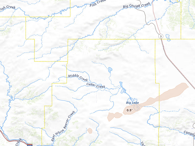Radar-estimated hail-size map of the storm over Rapelje, MT on Jul 2, 2026