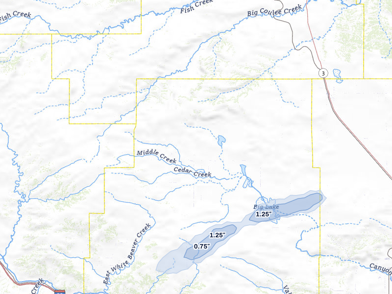 NEXRAD radar-signature map of the hail storm over Rapelje, MT on Jul 2, 2026