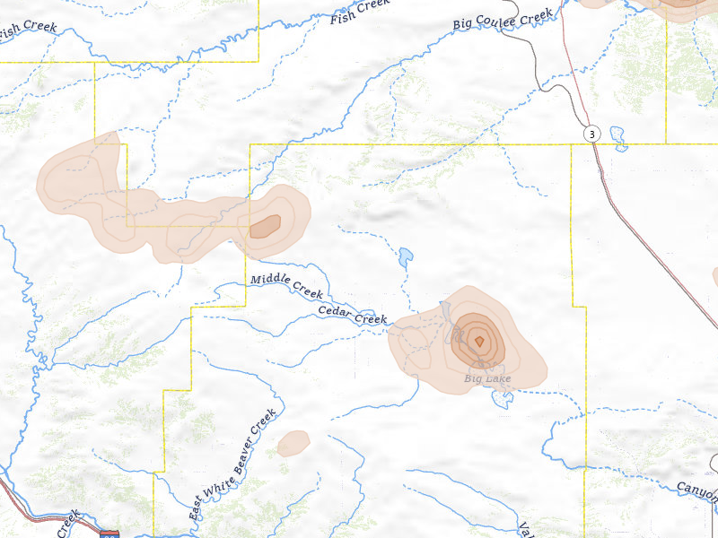 Radar-estimated hail-size map of the storm over Rapelje, MT on Jul 16, 2026