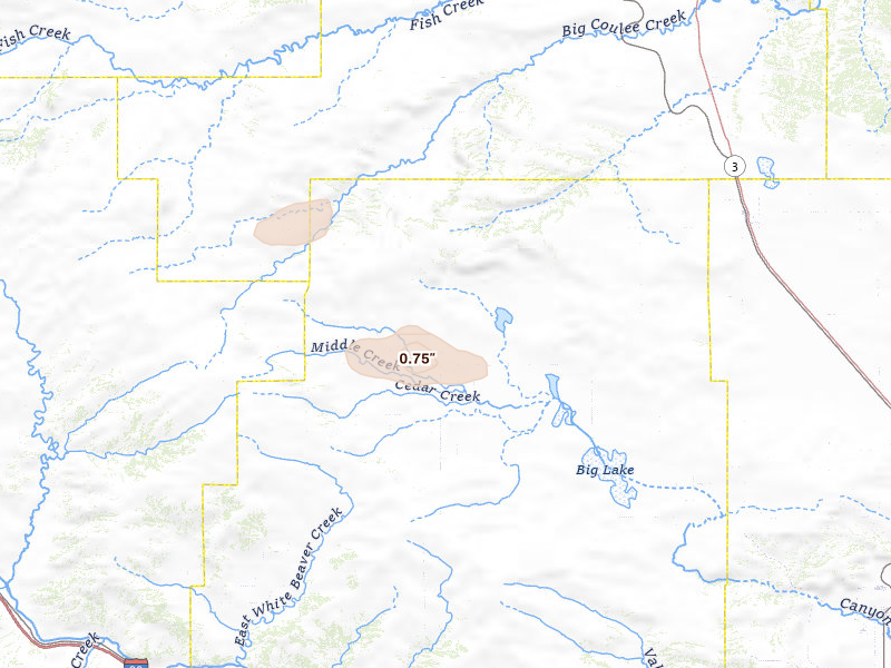 Radar-estimated hail-size map of the storm over Rapelje, MT on Jul 30, 2026