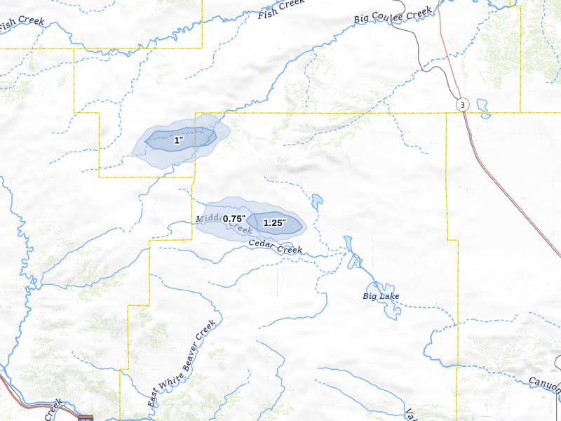 NEXRAD radar-signature map of the hail storm over Rapelje, MT on Jul 30, 2026
