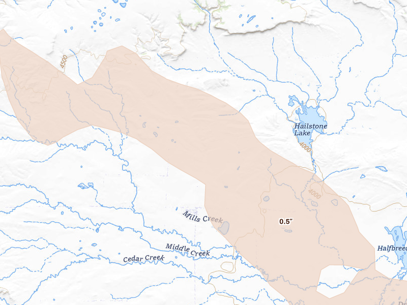 Radar-estimated hail-size map of the storm over Rapelje, MT on Aug 12, 2026