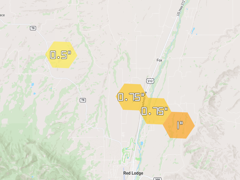 Hail map of Red Lodge, MT on Jul 8, 2026, hail up to 1"