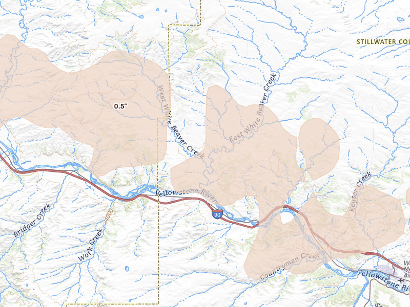 Radar-estimated hail-size map of the storm over Reed Point, MT on Jul 25, 2026