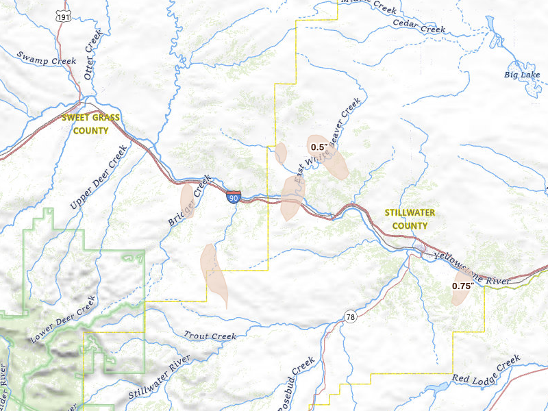 Radar-estimated hail-size map of the storm over Reed Point, MT
